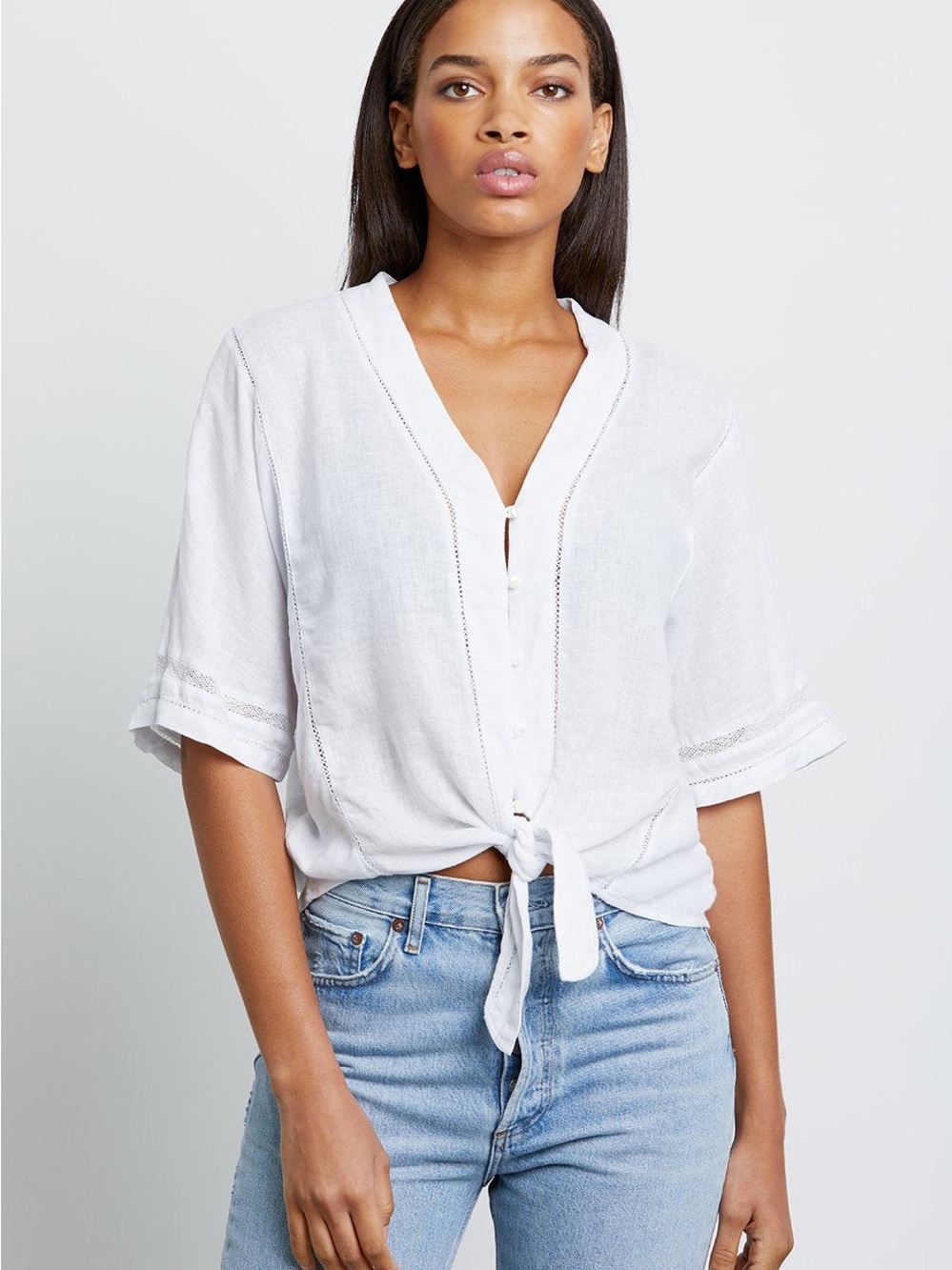 Rails White Tie-Front V-Neck Blouse Linen Blend size Large